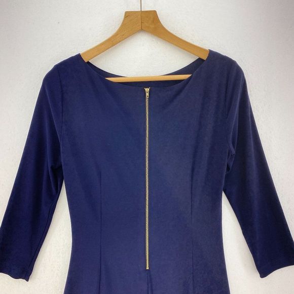 TAHARI Navy Blue 3/4 Sleeve Boat Neck Faux Wrap Dress - Picture 5 of 5